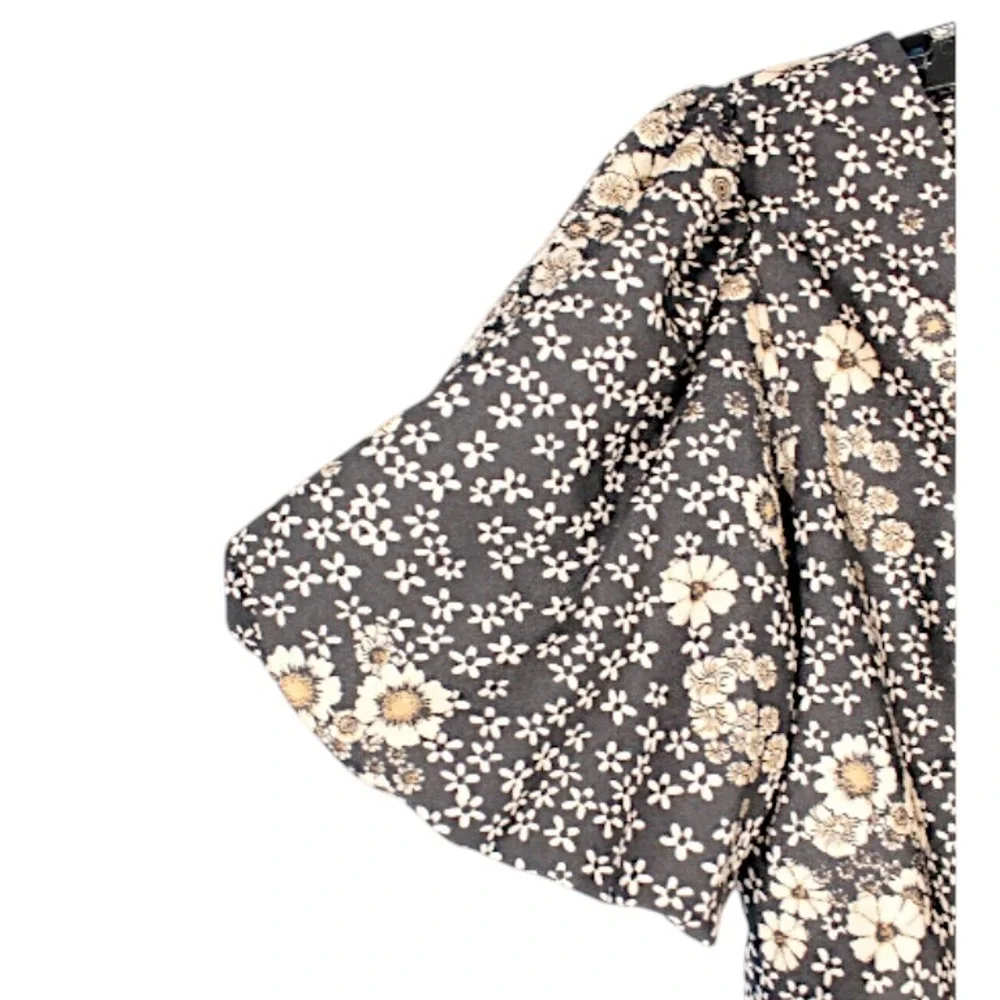 ASTR THE LABEL Black/Tan Floral Crepe PUFF SLEEVE V-NECK TOP Blouse Party SZ XS